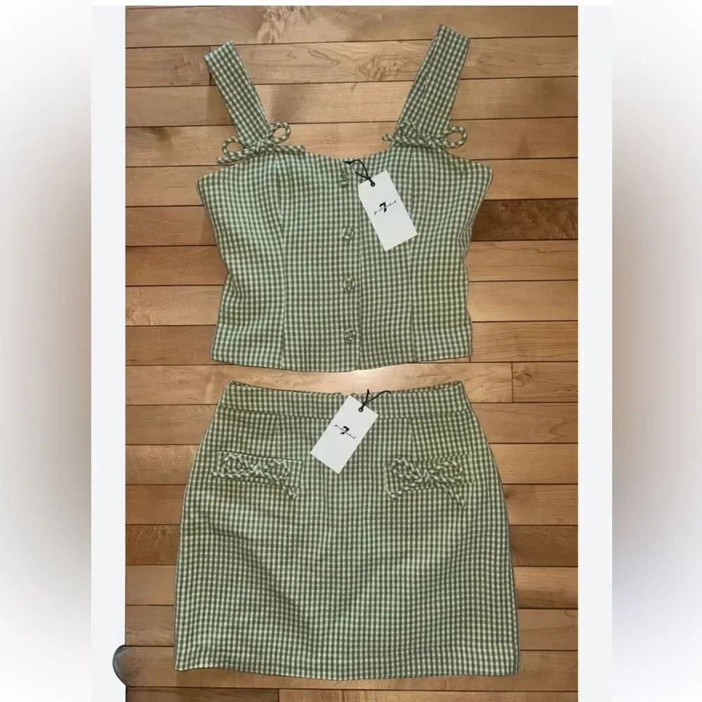 7 FOR ALL MANKIND Bow-Trim Sweetheart-Neck Top & Skirt Set in Avocado - Picture 7 of 7